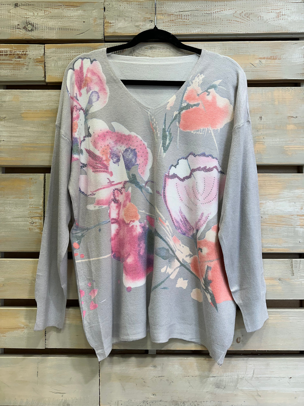 Sweater Floreado - Gris / Rosa
